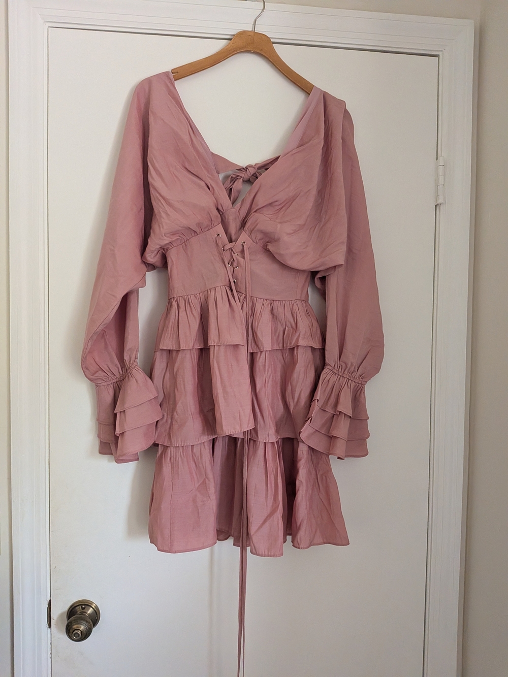AKIRA Dusty Rose Tiered Lace-Up Long Sleeve Mini Dress